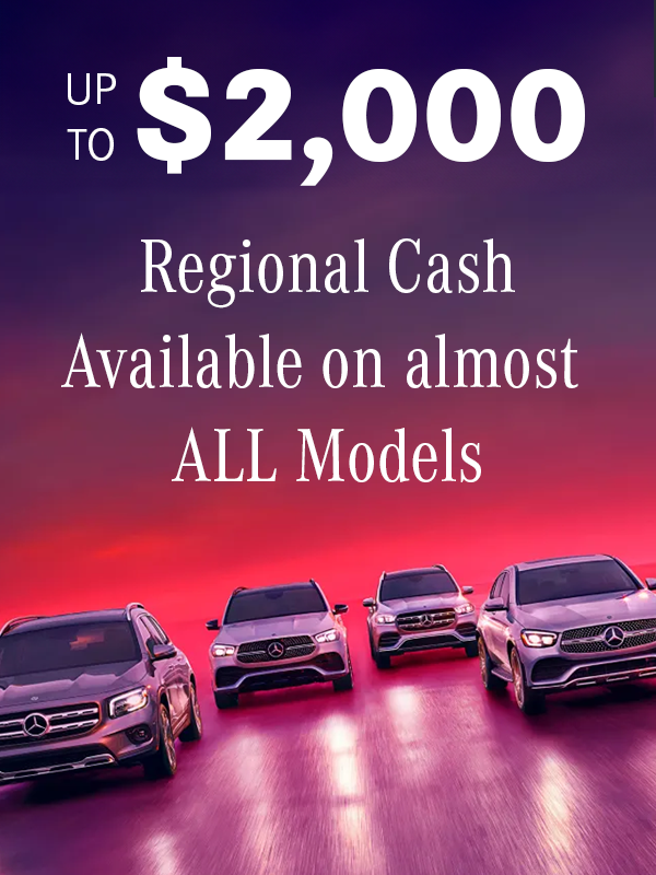 Mercedes-Benz Regional Cash offer. Receive up to $2,000 Regional Cash on eligible 2026 Mercedes-Benz models when financing, or up to $1,000 Regional Cash when leasing. Limited-time offer available on select new 2026 Mercedes-Benz vehicles.